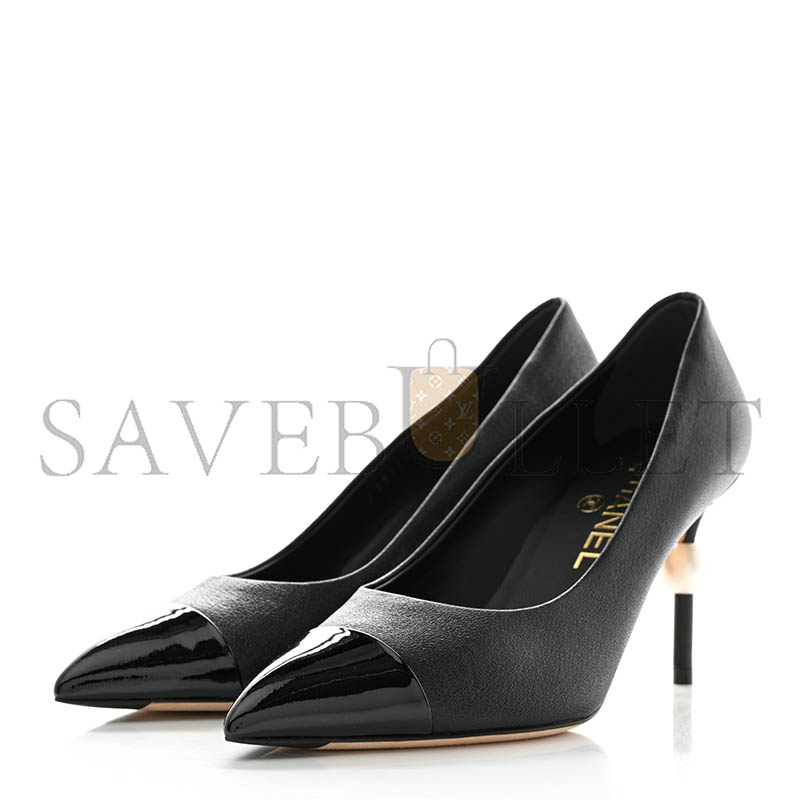 CHANEL GOATSKIN PATENT CALFSKIN CAP TOE CC PEARL PUMPS 